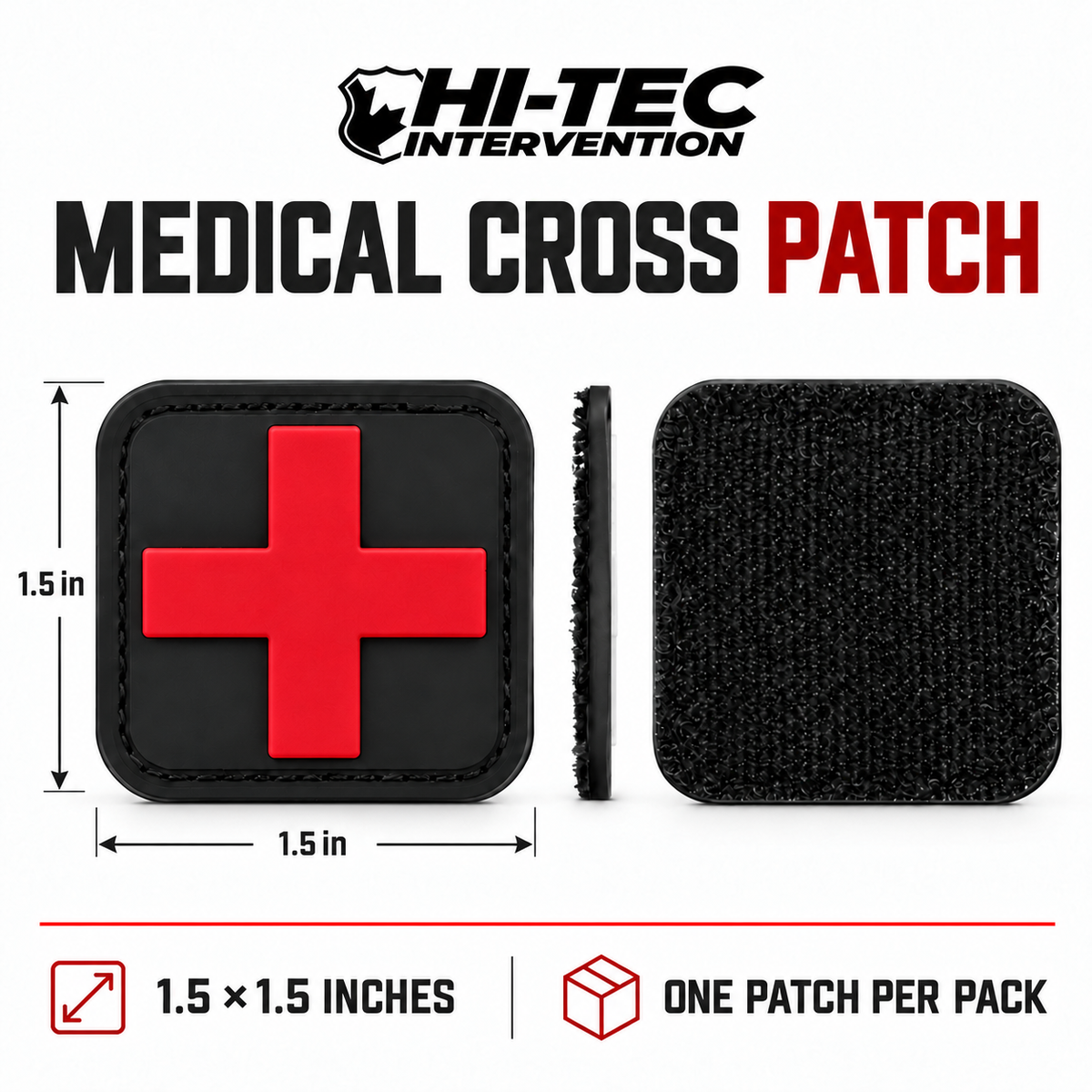 Hi-Tec HT025-6 red medical cross PVC patch, 1.5 × 1.5 inches, one patch per pack