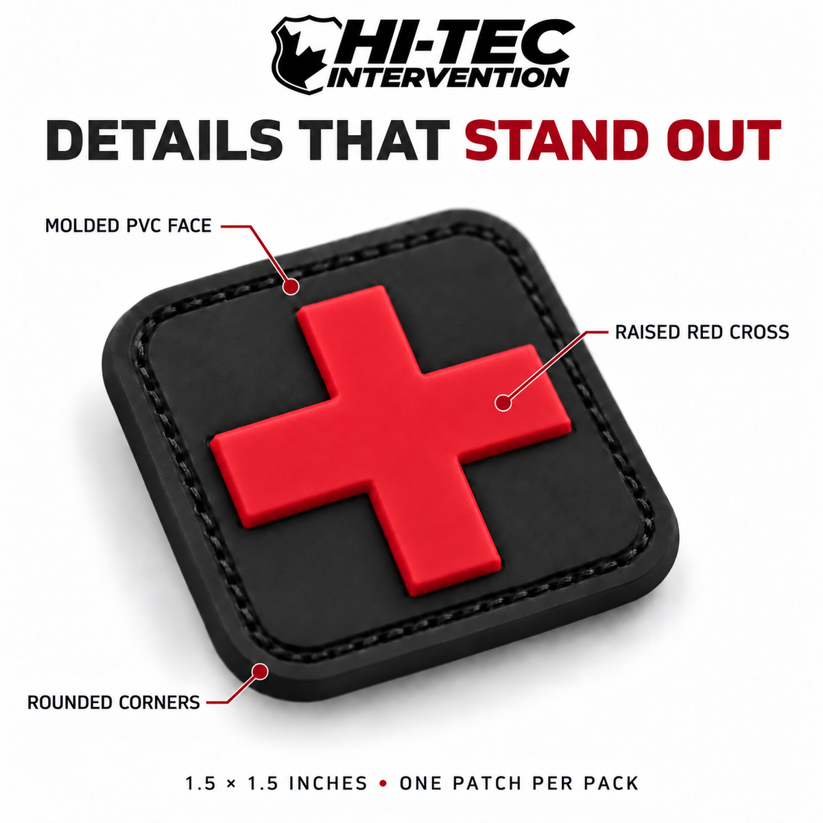 Hi-Tec HT025-6 red medical cross PVC patch, 1.5 × 1.5 inches, one patch per pack