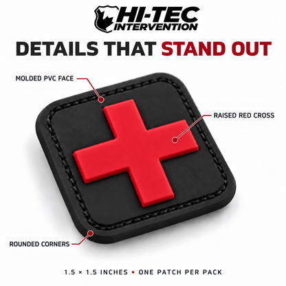 Hi-Tec HT025-6 red medical cross PVC patch, 1.5 × 1.5 inches, one patch per pack