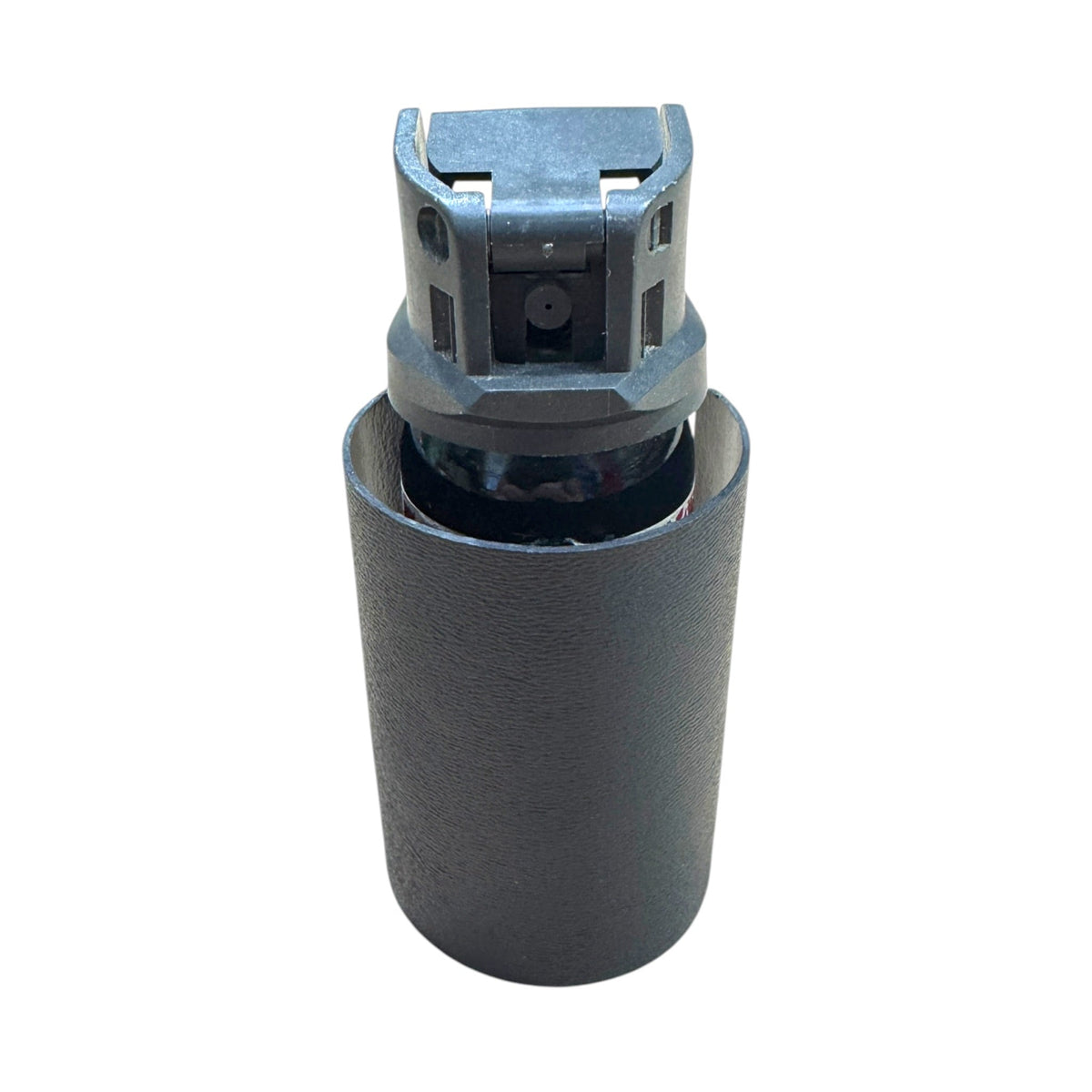 Rounded polymer OC spray canister guard insert shown with OC spray can